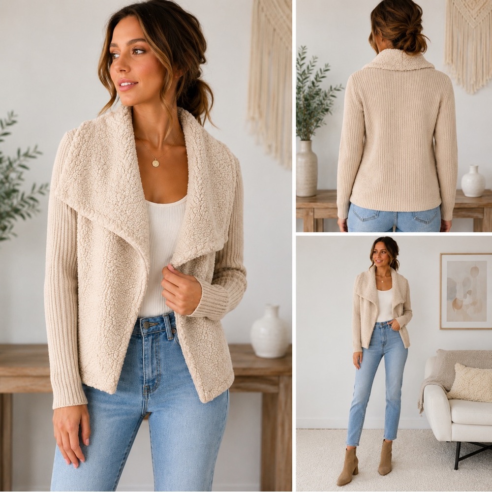 Calvin Klein Teddy Sherpa Cardigan Sweater Womens Small Cream Beige Cozy Knit